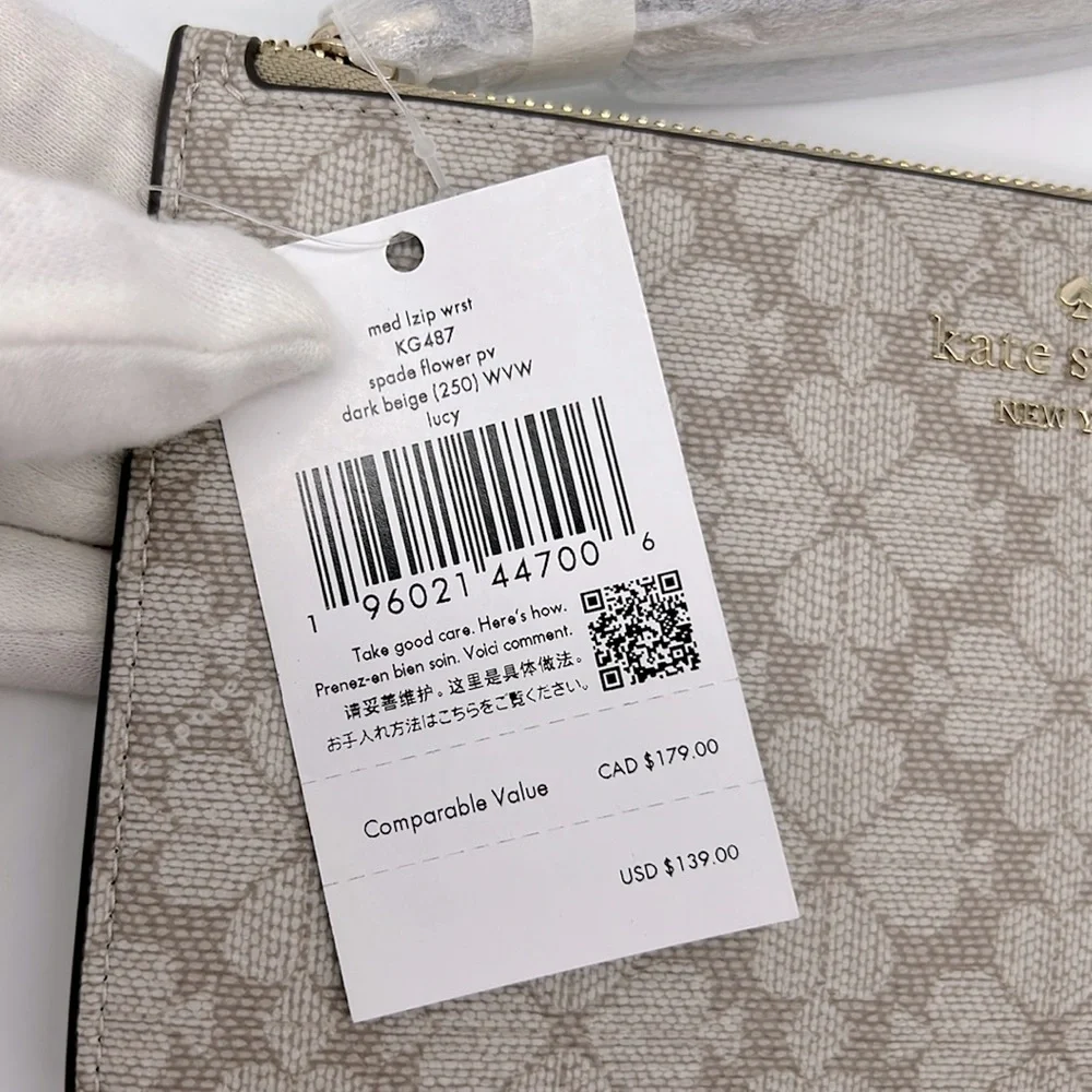 Kate Spade Lucy Spade Flower Medium L-zip Wristlet Dark Beige Multi